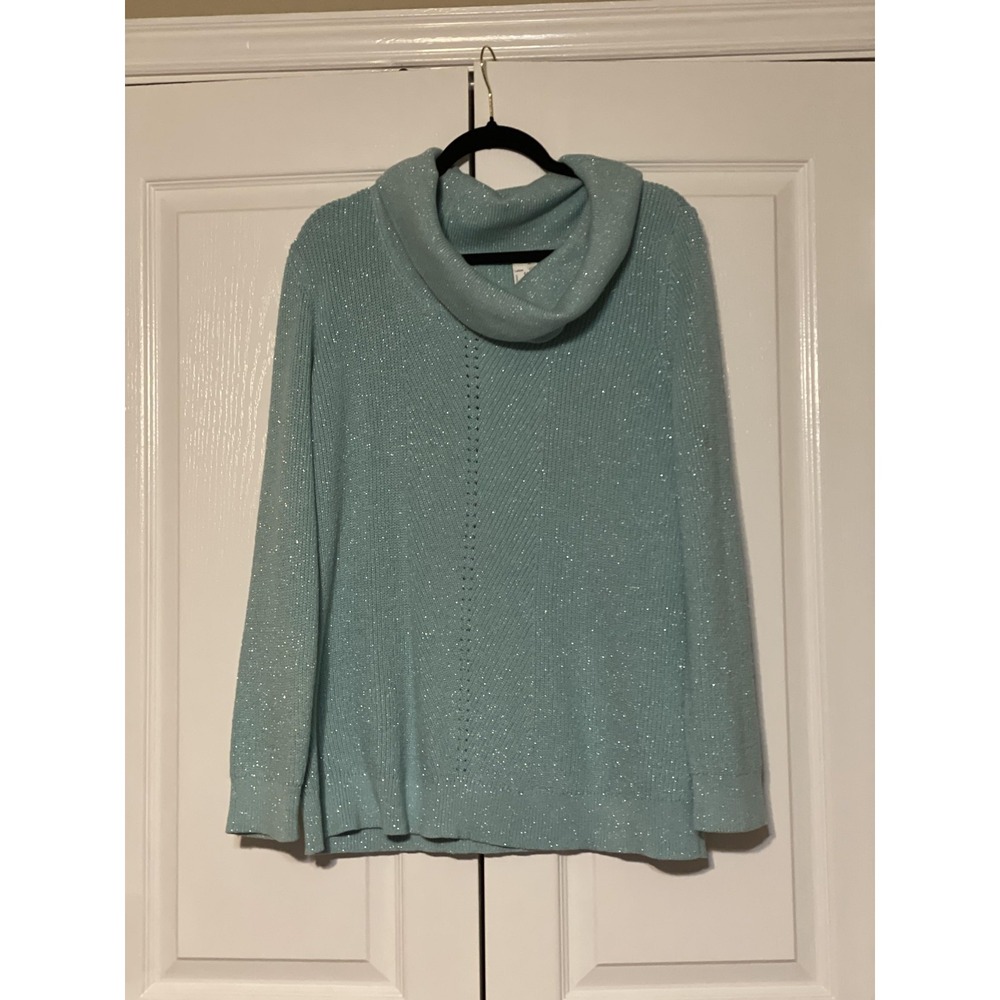 Chicos Sweater Womens 3 Blue Cowl Neck Metallic Long Sleeve Pullover Sparkle
